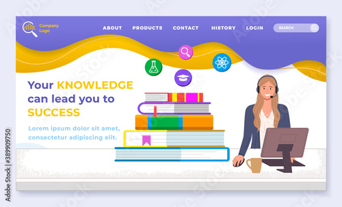 Landing page of business website. Your knowledge can lead you to success. Online business courses or training. Stack of books, smiling consultant at site. Educational website. Operator with headset