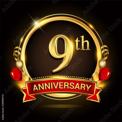 9th anniversary logo with golden ring, balloons and red ribbon. Vector design template elements for your birthday celebration.