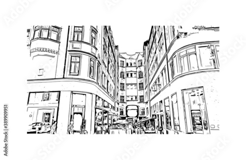 Building view with landmark of Brno is a city in the Czech Republic. Hand drawn sketch illustration in vector.