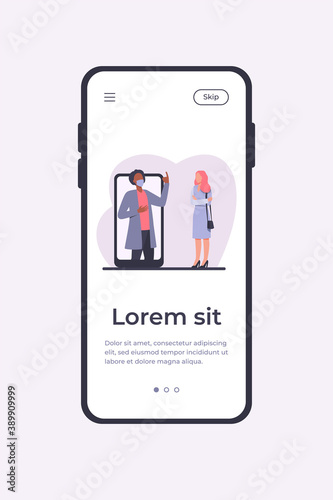 Man in mask on phone screen explaining something to woman. Smartphone, quarantine, virus flat vector illustration. Pandemic and protection concept for banner, website design or landing web page