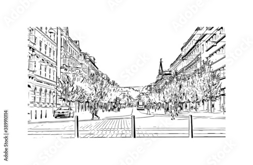 Building view with landmark of Brno is a city in the Czech Republic. Hand drawn sketch illustration in vector.