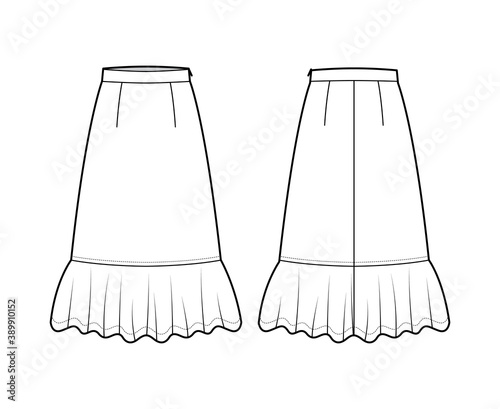 Skirt midi prairie dirndl technical fashion illustration with mid-calf lengths, semi-circular fullness, thick waistband. Flat bottom template front back, white color style. Women men unisex CAD mockup