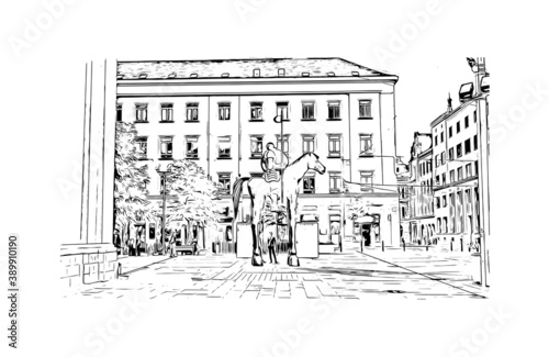 Building view with landmark of Brno is a city in the Czech Republic. Hand drawn sketch illustration in vector.