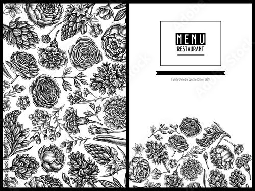 Menu cover floral design with black and white peony, carnation, ranunculus, wax flower, ornithogalum, hyacinth