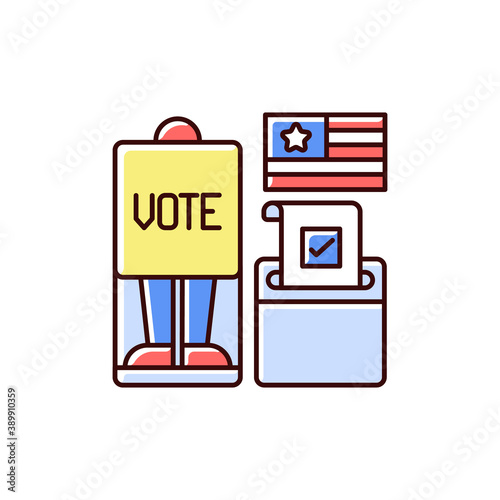 Voting booth RGB color icon. Cabin in polling station. Casting ballots in elections. Privacy screen. Wide distances. Ballot drop box. Participation in democratic process. Isolated vector illustration