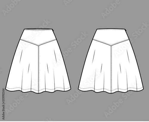 Skirt yoke technical fashion illustration with above-the-knee lengths silhouette, semi-circular fullness. Flat bottom template front, back, white color style. Women men unisex CAD mockup