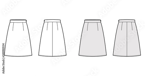 Skirt A-line fullness technical fashion illustration with knee length silhouette, thick waistband, side zipper. Flat bottom template front, back, white grey color style. Women, men, unisex CAD mockup