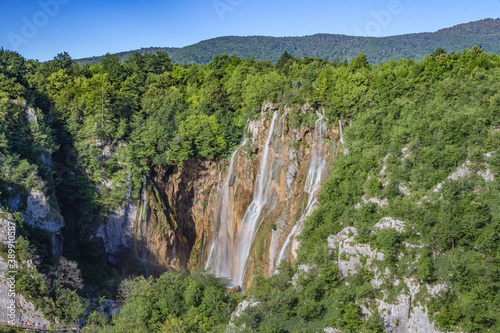 Majestic view of waterfall with crystal clear water in forest in The Plitvice Lakes National Park in Croatia Europe.