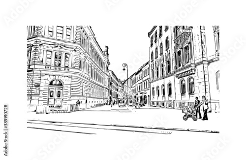 Building view with landmark of Brno is a city in the Czech Republic. Hand drawn sketch illustration in vector.