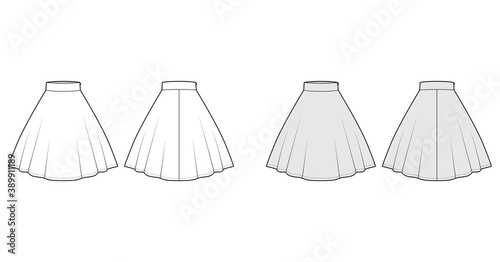 Skirt circular fullness technical fashion illustration with below-the-knee lengths silhouette, thick waistband. Flat bottom template front, back, white grey color style. Women men unisex CAD mockup
