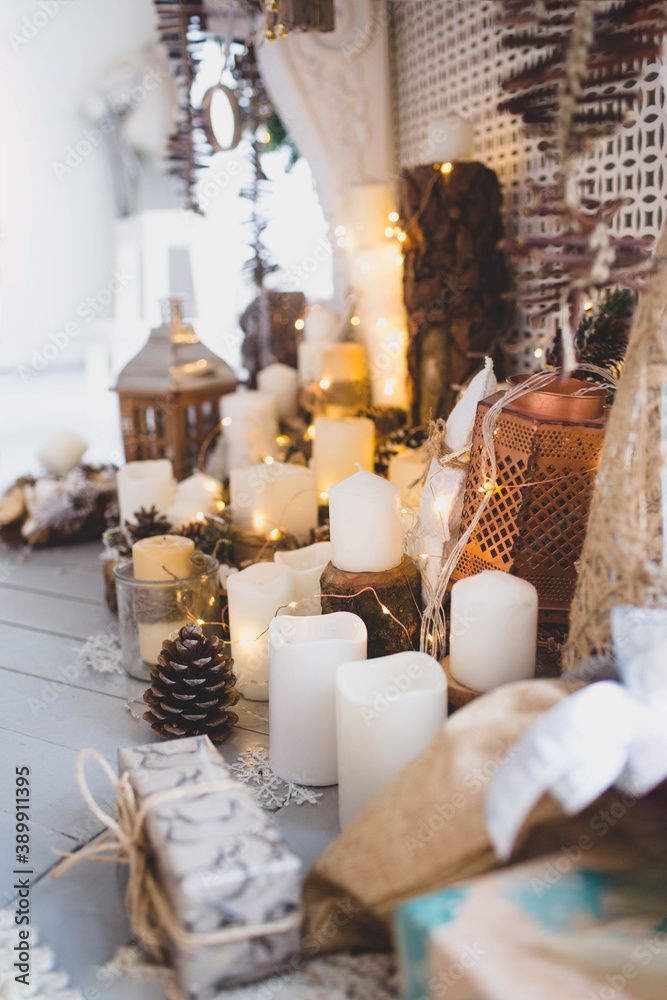 christmas decoration presented by white candles and illumination christmas decoration presented by white candles and illumination