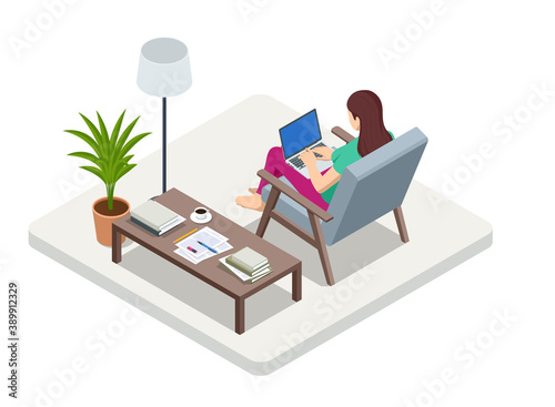 Isometric business woman working at home with laptop and papers on desk. Freelance or studying concept. Online meeting work form home. Home office.