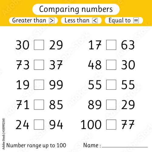 Comparing numbers. Less than, greater than, equal to. Number range up to 100. Elementary school. Worksheet for kids