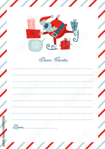 Funny Letter to Santa Claus. Vector template. Beautiful flat illustration with flat character Santa Claus with gift boxes. Hand drawn design..