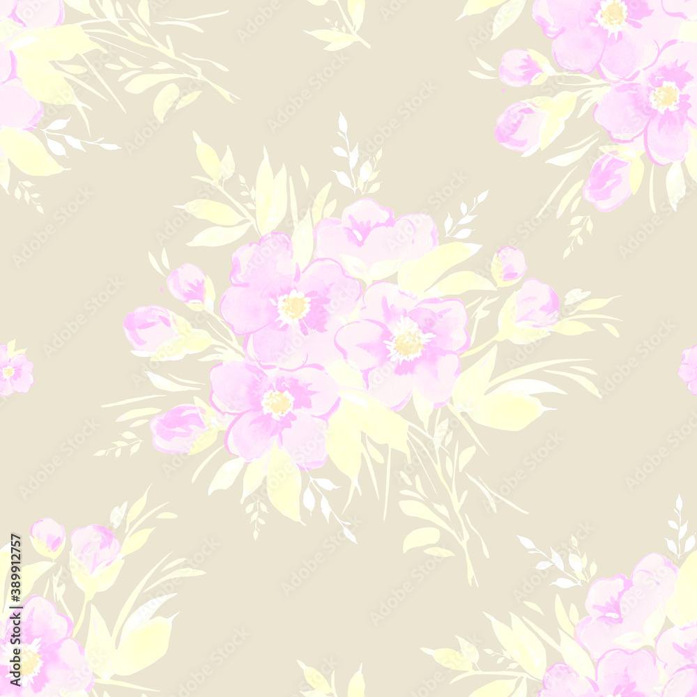Abstract seamless pattern bouquets of wildflowers and herbs