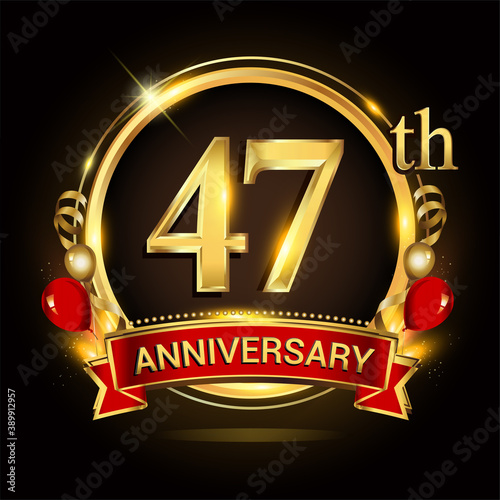 47th anniversary logo with golden ring, balloons and red ribbon. Vector design template elements for your birthday celebration. photo