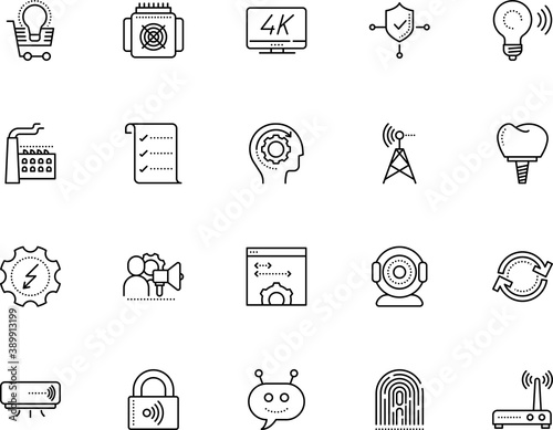 technology vector icon set such as: station, pollution, logic, news, profile, thunder, compound, implantation, router, objective, email, nuclear, cam, finger, print, live, building, work, protection