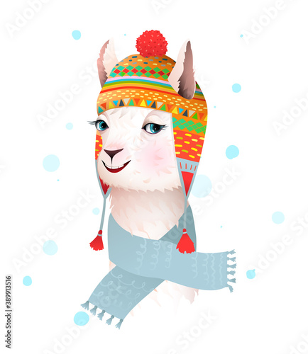 Llama or Alpaca wearing Peruvian ornament ethnic knitted hat and scarf smiling portrait. Adorable animal illustration for kids, vector cartoon in watercolor style.