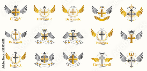 Crosses secrets emblems vector emblems big set, Christian religion heraldic design elements collection, classic style heraldry symbols, antique designs.