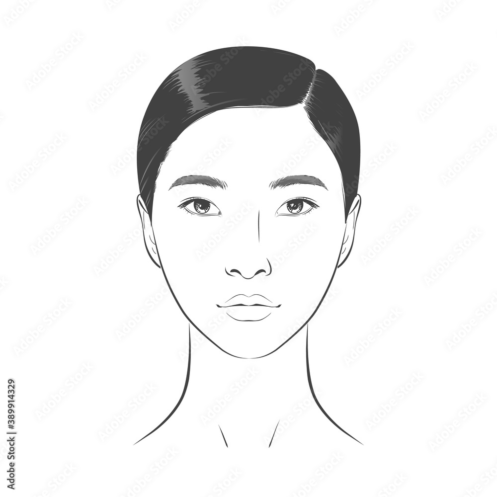 Asian Woman face. Black and white line sketch front portrait Asian Woman face. Black and white line sketch front portrait