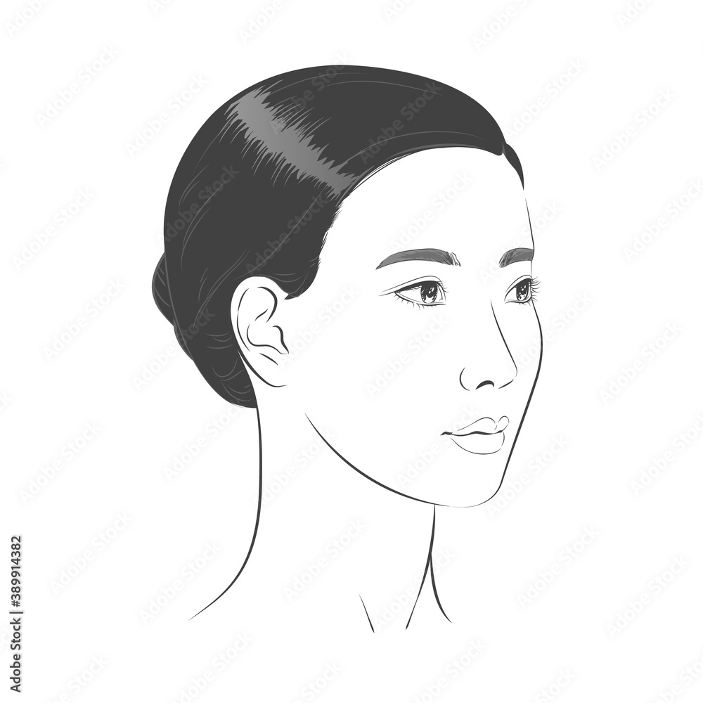 Asian Woman face. Black and white line sketch front portrait Asian Woman face. Black and white line sketch front portrait
