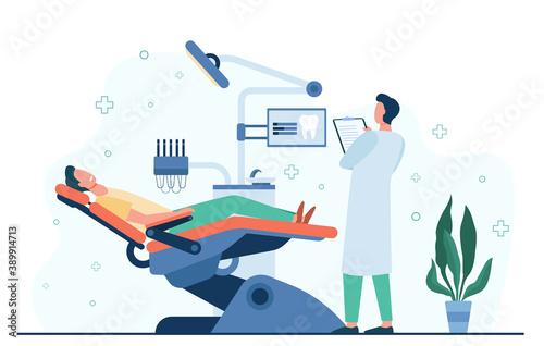 Patient sitting in medical chair during visit or treatment isolated flat vector illustration. Cartoon dentist working in diagnostic cabinet. Stomatology and dental clinic concept