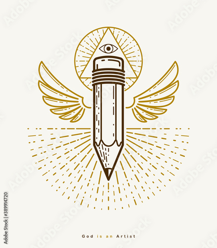 God is a designer concept, pencil with wings and all seeing eye of God in sacred geometry triangle, god is an artist, vector logo or icon in trendy linear style.