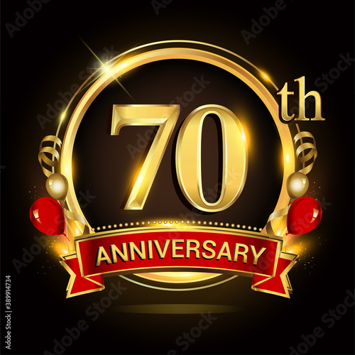 70th anniversary logo with golden ring, balloons and red ribbon. Vector design template elements for your birthday celebration.