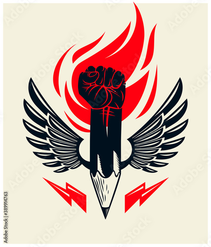 Strong design or art power concept shown as a winged pencil with clenched fist combined into symbol, vector logo or creative conceptual icon for designer or studio.