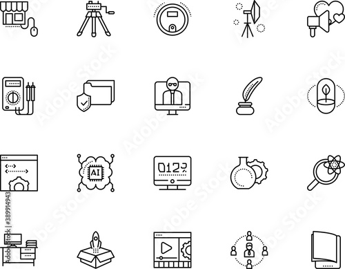 technology vector icon set such as: stroke, bioscience, circuit, exploration, timer, promotion, fly, increase, table, workplace, chair, image, megaphone, vacuum, meter, complex, feather, resistance