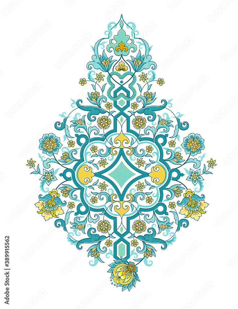 Vector element, arabesque. Luxury ornament in Eastern style. Turquoise floral illustration.