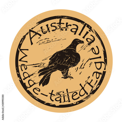 Wedge-tailed eagle predator bird silhouette icon vector round shabby emblem design old retro style. Eagle hawk in full growth logo stamp on craft paper. Fauna Australia shape vintage grunge sign. 