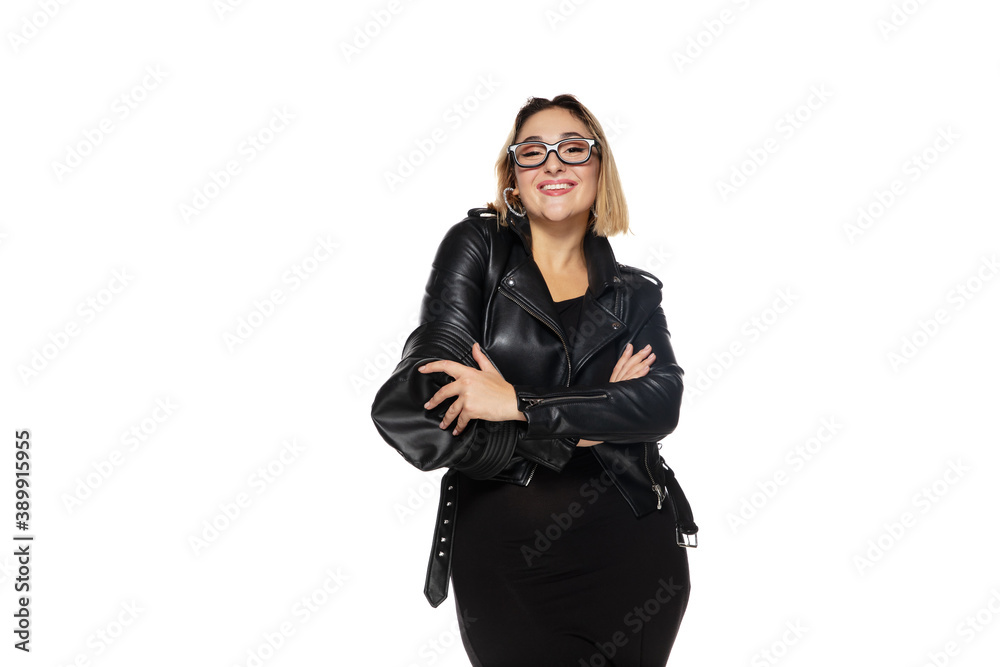 Emotions. Beautiful young blonde woman in total black attire, outfit and eyewear isolated on white studio background. Magazine style, fashion, beauty concept. Fashionable posing. Copyspace for ad. Emotions. Beautiful young blonde woman in total black attire, outfit and eyewear isolated on white studio background. Magazine style, fashion, beauty concept. Fashionable posing. Copyspace for ad.