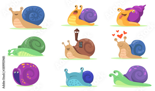 Funny snail characters flat set for web design. Cartoon snailfish, slug or snail-like mollusk with shell house isolated vector illustration collection. Mascot and animals concept