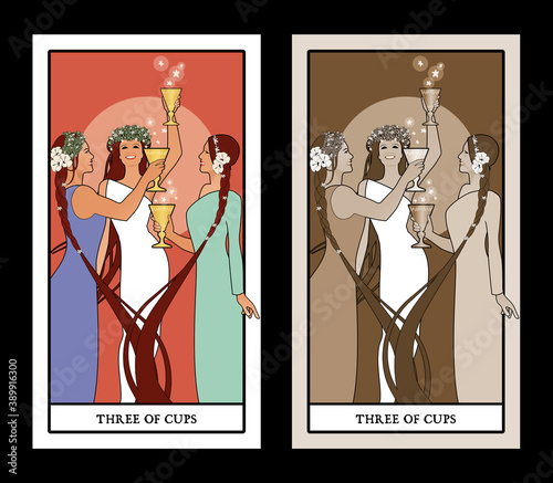 Three of Cups. Tarot cards. Three young and beautiful girls holding golden cups, dancing and toasting smiling and happy