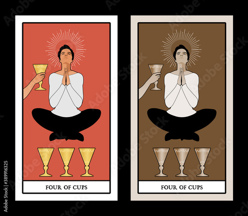 Four of Cups. Tarot cards. Young man in an attitude of meditation and prayer, levitating over three golden cups and ignoring the cup offered by an anonymous hand.