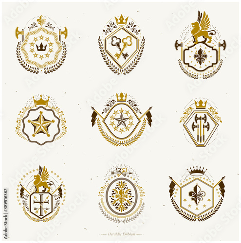 Set of old style heraldry vector emblems, vintage illustrations decorated with monarch accessories, towers, pentagonal stars, weapon and armory. Coat of Arms collection.