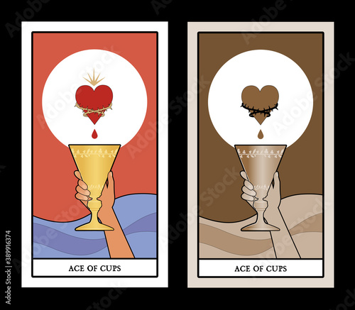 Aces of Tarot Cards. Cups. Hand holding a golden cup under a symbolic heart surrounded by thorns. Waves of water in the background.