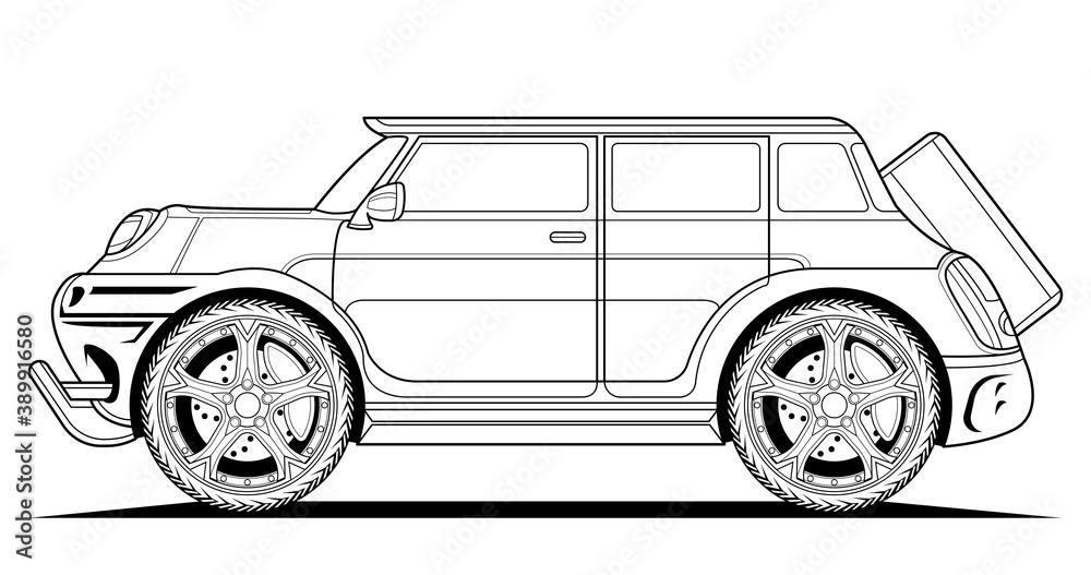 Adult coloring page for book and drawing. Car vector line art illustration. High speed drive vehicle. Graphic element. wheel. Black contour sketch illustrate Isolated on white background.