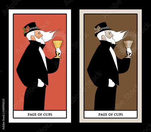 Page or knave of cups with top hat, roses and thorns, holding a golden cup. Minor arcana Tarot cards. Spanish playing cards.