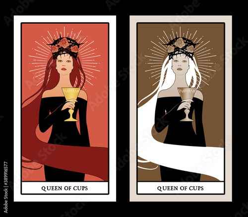 Queen of Cups with crown, roses and thorns, holding a golden cup. Minor arcana Tarot cards. Spanish playing cards.