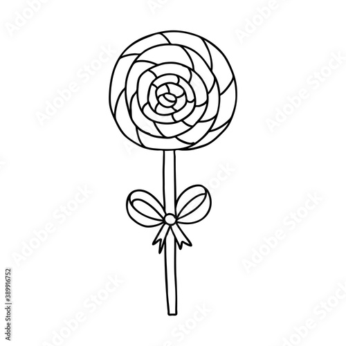 Spiral Lollipop with a Doodle-style bow. The sketch is hand-drawn and isolated on a white background. Element of new year and Christmas design. Outline drawing. Black-white vector illustration