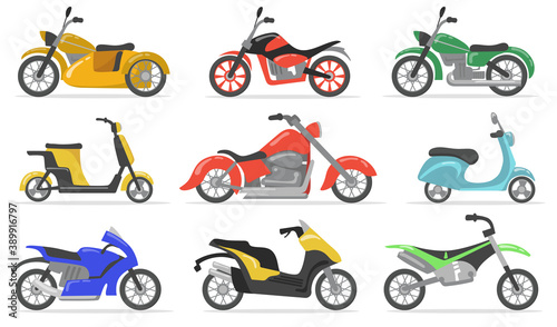Various motorbikes flat item set. Cartoon motorcycles, moto cycles, scooters and bikes isolated vector illustration collection. Transportation and delivery concept