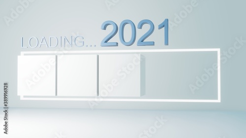Blue cube in loading bar for 2021 goal planning business concept, 3d rendering, 3d illustration