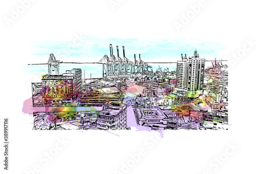 Building view with landmark of Buenaventura is a coastal seaport city on the department of Valle del Cauca, Colombia. Watercolor splash with hand drawn sketch illustration in vector.