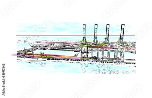 Building view with landmark of Buenaventura is a coastal seaport city on the department of Valle del Cauca, Colombia. Watercolor splash with hand drawn sketch illustration in vector.