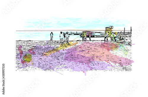 Building view with landmark of Buenaventura is a coastal seaport city on the department of Valle del Cauca, Colombia. Watercolor splash with hand drawn sketch illustration in vector.
