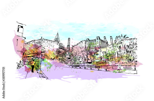 Building view with landmark of Buenaventura is a coastal seaport city on the department of Valle del Cauca, Colombia. Watercolor splash with hand drawn sketch illustration in vector. photo