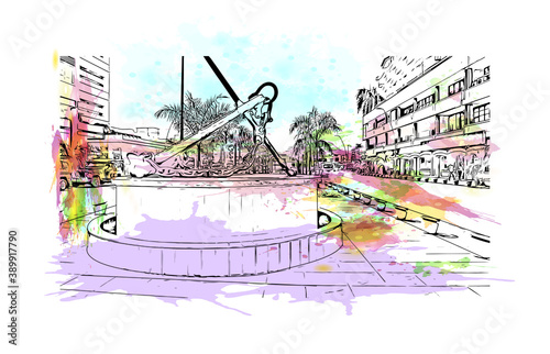 Building view with landmark of Buenaventura is a coastal seaport city on the department of Valle del Cauca, Colombia. Watercolor splash with hand drawn sketch illustration in vector.