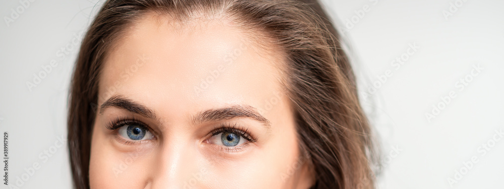 Half face portrait of young caucasian woman with natural make up and eyelash extensions looking at camera on white background